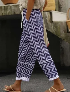 Sale Women's Cotton Linen Pants Pants Trousers Casual Daily Ankle-Length Graphic Striped Drawstring Side Pockets Breathability Comfortable Micro-elastic Weekend Royal Blue Blue Sky Blue Dark Blue Spring Women Pants