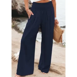 Online Women's Cotton Linen Pants Wide Leg Trousers Fashion Casual Lounge Full Length High Waist Baggy Micro-elastic Vacation Daily Apple Green Black White Dark Navy Autumn / Fall Women Pants
