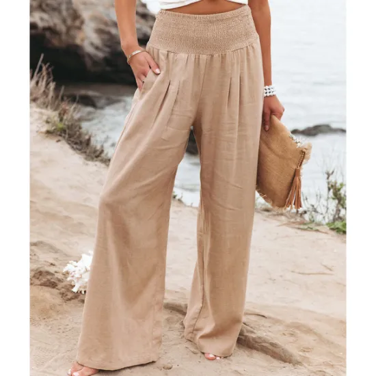 Online Women's Cotton Linen Pants Wide Leg Trousers Fashion Casual Lounge Full Length High Waist Baggy Micro-elastic Vacation Daily Apple Green Black White Dark Navy Autumn / Fall Women Pants