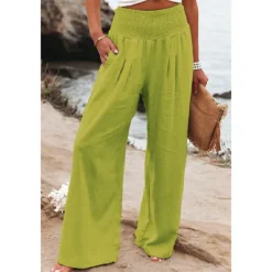 Online Women's Cotton Linen Pants Wide Leg Trousers Fashion Casual Lounge Full Length High Waist Baggy Micro-elastic Vacation Daily Apple Green Black White Dark Navy Autumn / Fall Women Pants