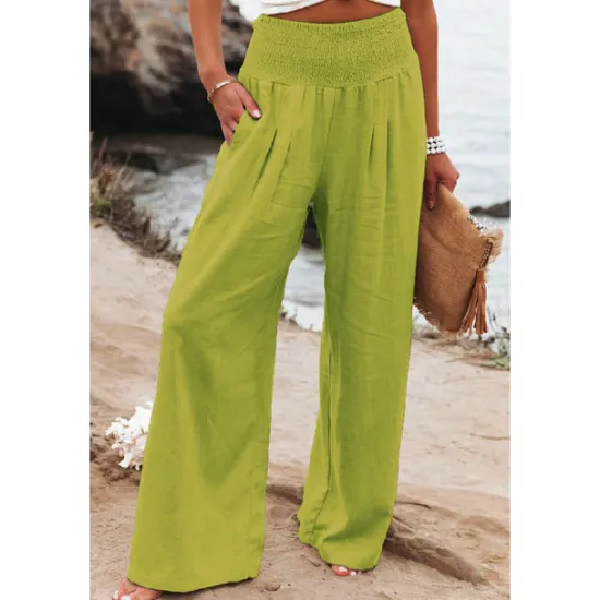 Online Women's Cotton Linen Pants Wide Leg Trousers Fashion Casual Lounge Full Length High Waist Baggy Micro-elastic Vacation Daily Apple Green Black White Dark Navy Autumn / Fall Women Pants