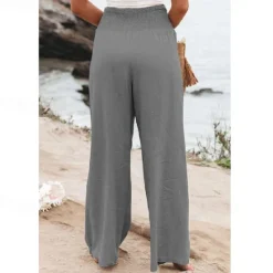 Online Women's Cotton Linen Pants Wide Leg Trousers Fashion Casual Lounge Full Length High Waist Baggy Micro-elastic Vacation Daily Apple Green Black White Dark Navy Autumn / Fall Women Pants