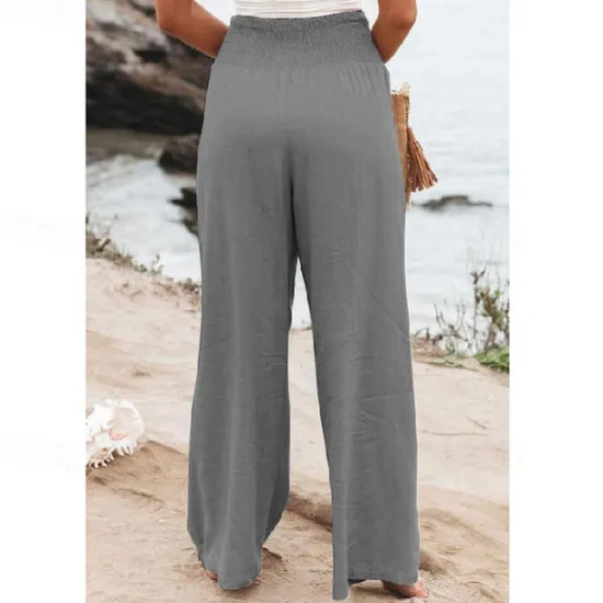 Online Women's Cotton Linen Pants Wide Leg Trousers Fashion Casual Lounge Full Length High Waist Baggy Micro-elastic Vacation Daily Apple Green Black White Dark Navy Autumn / Fall Women Pants