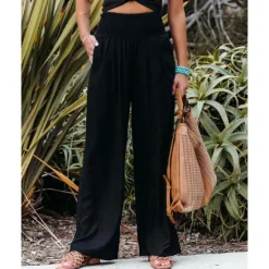 Online Women's Cotton Linen Pants Wide Leg Trousers Fashion Casual Lounge Full Length High Waist Baggy Micro-elastic Vacation Daily Apple Green Black White Dark Navy Autumn / Fall Women Pants