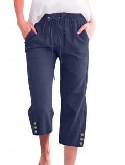 Online Women's Cotton Linen Pants Pants Trousers Casual Daily Calf-Length Plain Drawstring Side Pockets Breathability Comfortable Inelastic Weekend Wine Navy Blue Brown Khaki Spring & Summer Regular Fit Women Pants
