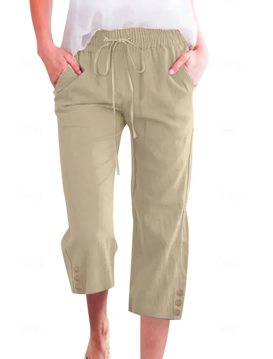Online Women's Cotton Linen Pants Pants Trousers Casual Daily Calf-Length Plain Drawstring Side Pockets Breathability Comfortable Inelastic Weekend Wine Navy Blue Brown Khaki Spring & Summer Regular Fit Women Pants