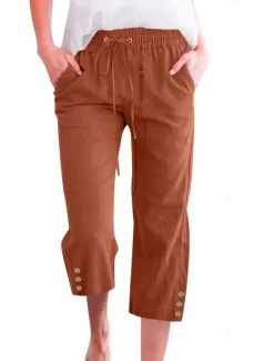 Online Women's Cotton Linen Pants Pants Trousers Casual Daily Calf-Length Plain Drawstring Side Pockets Breathability Comfortable Inelastic Weekend Wine Navy Blue Brown Khaki Spring & Summer Regular Fit Women Pants