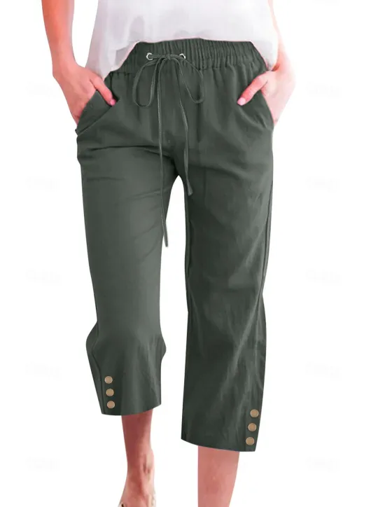 Online Women's Cotton Linen Pants Pants Trousers Casual Daily Calf-Length Plain Drawstring Side Pockets Breathability Comfortable Inelastic Weekend Wine Navy Blue Brown Khaki Spring & Summer Regular Fit Women Pants