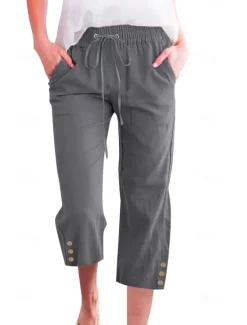 Online Women's Cotton Linen Pants Pants Trousers Casual Daily Calf-Length Plain Drawstring Side Pockets Breathability Comfortable Inelastic Weekend Wine Navy Blue Brown Khaki Spring & Summer Regular Fit Women Pants