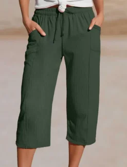 Best Women's Cotton Linen Pants Chinos Vacation Streetwear Basic Calf-Length High Waist Plain Pocket Elastic Waistband Comfy Soft Comfortable Micro-elastic Outdoor Street Light Green Blue Khaki Army Green Women Pants