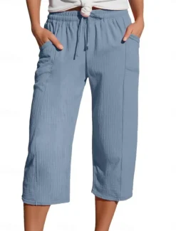 Best Women's Cotton Linen Pants Chinos Vacation Streetwear Basic Calf-Length High Waist Plain Pocket Elastic Waistband Comfy Soft Comfortable Micro-elastic Outdoor Street Light Green Blue Khaki Army Green Women Pants