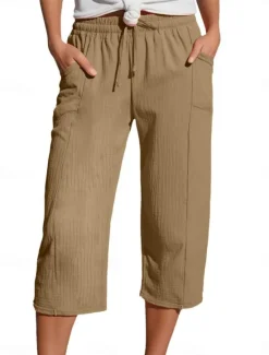 Best Women's Cotton Linen Pants Chinos Vacation Streetwear Basic Calf-Length High Waist Plain Pocket Elastic Waistband Comfy Soft Comfortable Micro-elastic Outdoor Street Light Green Blue Khaki Army Green Women Pants