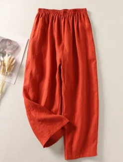 Online Women's Cotton Linen Pants Chinos Ethnic Style Basic Casual Full Length High Waist Plain Pocket Drawstring Comfort Outdoor Stretchy Vacation Street Daily Black White Fuchsia Orange Summer Spring Women Pants