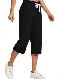 Best Women's Cotton Linen Pants Capri Pants Solid Color Chinos Basic Casual Calf-Length High Waist Plain Pocket Drawstring Comfort Outdoor Micro-elastic Vacation Street Daily Black White Red Apricot Women Pants