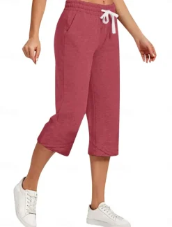Best Women's Cotton Linen Pants Capri Pants Solid Color Chinos Basic Casual Calf-Length High Waist Plain Pocket Drawstring Comfort Outdoor Micro-elastic Vacation Street Daily Black White Red Apricot Women Pants