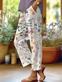 Women's Cotton Linen Pants Baggy Pants Linen Like Fashion Streetwear Full Length High Waist Floral Graphic Printing Thermal Warm Breathable Soft Micro-elastic Outdoor Daily Fall Winter Women Pants|Leggings