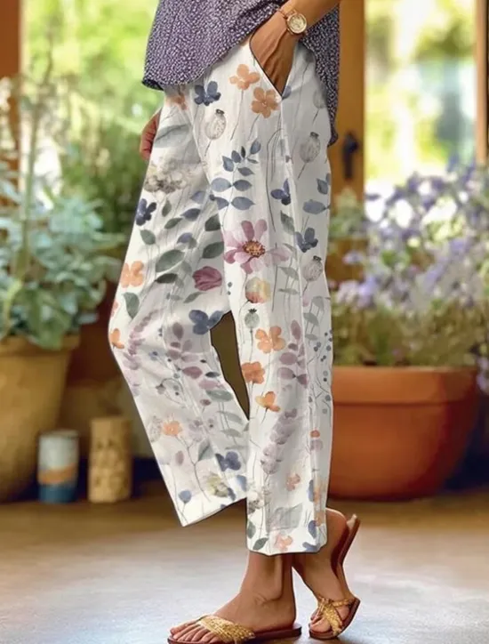Women's Cotton Linen Pants Baggy Pants Linen Like Fashion Streetwear Full Length High Waist Floral Graphic Printing Thermal Warm Breathable Soft Micro-elastic Outdoor Daily Fall Winter Women Pants|Leggings