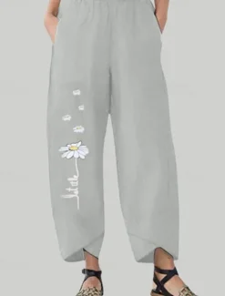 Discount Women's Cotton Linen Pants Pants Trousers Palazzo Pants Fashion Streetwear Comfort Full Length High Waist Flower Elastic Waist Comfy Outdoor Comfortable Street Daily Wear Going out Black Dark navy Women Pants