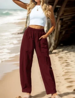 Women's Cotton Linen Pants Basic Full Length High Waist Plain Pocket Comfort Outdoor Micro-elastic Vacation Street Causal Black Pink Wine Navy Blue Summer Spring Fall Loose Fit Women Pants