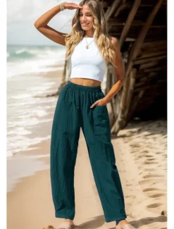 Women's Cotton Linen Pants Basic Full Length High Waist Plain Pocket Comfort Outdoor Micro-elastic Vacation Street Causal Black Pink Wine Navy Blue Summer Spring Fall Loose Fit Women Pants
