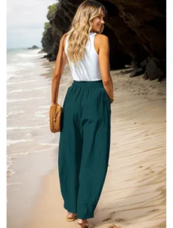 Women's Cotton Linen Pants Basic Full Length High Waist Plain Pocket Comfort Outdoor Micro-elastic Vacation Street Causal Black Pink Wine Navy Blue Summer Spring Fall Loose Fit Women Pants