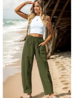 Women's Cotton Linen Pants Basic Full Length High Waist Plain Pocket Comfort Outdoor Micro-elastic Vacation Street Causal Black Pink Wine Navy Blue Summer Spring Fall Loose Fit Women Pants