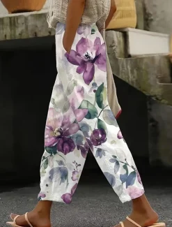 Clearance Women's Cotton Linen Pants Baggy Pants Linen Like Beach Shorts Vacation Vintage Fashion Full Length High Waist Floral Graphic Printing Thermal Warm Breathable Soft Micro-elastic Causal Women Pants