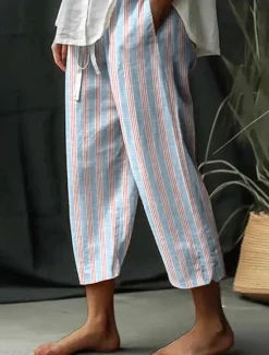 Sale Women's Cotton Linen Pants Pants Trousers Lightweight Casual Full Length Mid Rise Stripe Pocket Drawstring Breathability Comfortable Inelastic Casual Daily Weekend River Blue White Summer Spring Women Pants