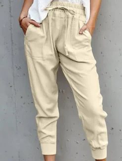 Online Women's Cotton Linen Pants Pants Trousers Casual Daily Ankle-Length Plain Drawstring Side Pockets Breathability Comfortable Inelastic Weekend White Army Green Orange Apricot Spring & Summer Regular Women Pants