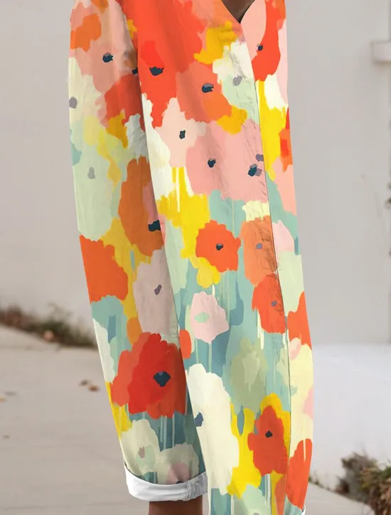 Best Women's Cotton Linen Pants Baggy Pants Linen Like Vacation Casual Full Length Mid Waist Floral Print Breathable Outdoor Comfortable Micro-elastic Daily Wear Summer Spring Fall Loose Fit Women Pants