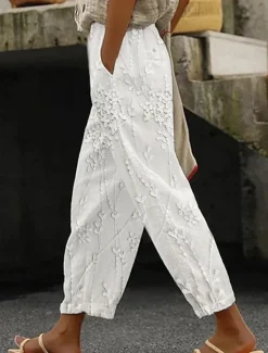 New Women's Cotton Linen Pants Baggy Pants Linen Like Fashion Streetwear Full Length High Waist Floral Printing Thermal Warm Breathable Soft Micro-elastic Outdoor Daily Linen Like Fall Winter Women Leggings