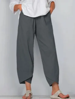 Discount Women's Cotton Linen Pants Pants Trousers Casual Daily Ankle-Length Plain Side Pockets Breathability Comfortable Inelastic Weekend Black Wine Green Khaki Spring & Summer Regular Fit Women Pants