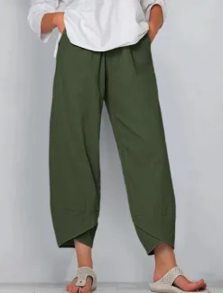 Discount Women's Cotton Linen Pants Pants Trousers Casual Daily Ankle-Length Plain Side Pockets Breathability Comfortable Inelastic Weekend Black Wine Green Khaki Spring & Summer Regular Fit Women Pants