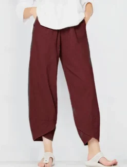 Discount Women's Cotton Linen Pants Pants Trousers Casual Daily Ankle-Length Plain Side Pockets Breathability Comfortable Inelastic Weekend Black Wine Green Khaki Spring & Summer Regular Fit Women Pants