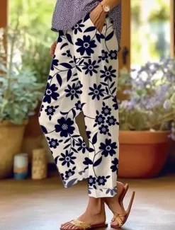 Clearance Women's Cotton Linen Pants Baggy Pants Linen Like Fashion Streetwear Full Length High Waist Floral Graphic Printing Thermal Warm Breathable Soft Micro-elastic Outdoor Daily Women Pants|Spring Pants