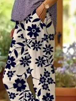 Clearance Women's Cotton Linen Pants Baggy Pants Linen Like Fashion Streetwear Full Length High Waist Floral Graphic Printing Thermal Warm Breathable Soft Micro-elastic Outdoor Daily Women Pants|Spring Pants