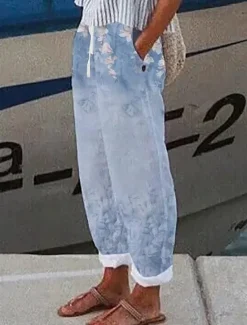 Best Women's Cotton Linen Pants Baggy Pants Linen Like Beach Vacation Vintage Fashion Ankle-Length High Waist Floral Graphic Gradient Printing Breathable Soft Micro-elastic Causal Baby blue Light Sky Blue Women Pants