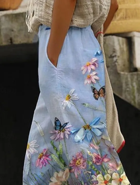Best Women's Cotton Linen Pants Baggy Pants Linen Like Beach Vacation Vintage Fashion Ankle-Length High Waist Floral Graphic Gradient Printing Breathable Soft Micro-elastic Causal Baby blue Light Sky Blue Women Pants