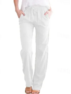 Outlet Women's Cotton Linen Pants Pants Trousers Casual Daily Long Plain Drawstring Side Pockets Breathability Comfortable Inelastic Weekend Black White Yellow Khaki Spring & Summer Regular Fit Women Pants