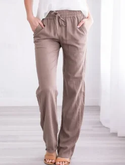 Outlet Women's Cotton Linen Pants Pants Trousers Casual Daily Long Plain Drawstring Side Pockets Breathability Comfortable Inelastic Weekend Black White Yellow Khaki Spring & Summer Regular Fit Women Pants