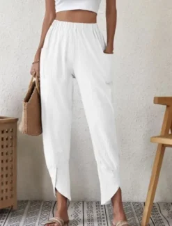 New Women's Cotton Linen Pants Pants Trousers Casual Daily Ankle-Length Plain Side Pockets Elastic Waistband Breathability Comfortable Inelastic Weekend White Blue Khaki Gray Spring & Summer Regular Fit Women Pants