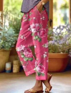 Online Women's Cotton Linen Pants Baggy Pants Linen Like Fashion Streetwear Full Length High Waist Floral Graphic Printing Thermal Warm Breathable Soft Micro-elastic Outdoor Daily Fall Winter Women Leggings|Spring Pants