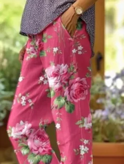 Online Women's Cotton Linen Pants Baggy Pants Linen Like Fashion Streetwear Full Length High Waist Floral Graphic Printing Thermal Warm Breathable Soft Micro-elastic Outdoor Daily Fall Winter Women Leggings|Spring Pants