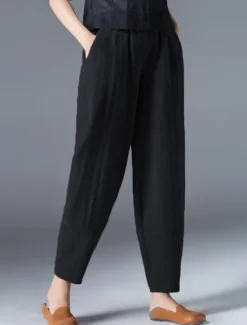 Women's Cotton Linen Pants Bloomers Baggy Pants Streetwear Simple Casual Ankle-Length Mid Waist Plain Pocket Elastic Waist Baggy Breathable Soft Outdoor Micro-elastic Outdoor Vacation Casual Daily Women Pants