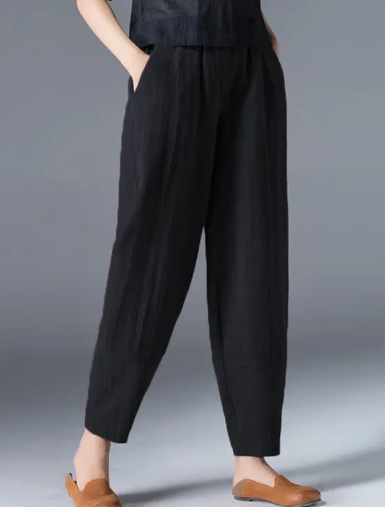 Women's Cotton Linen Pants Bloomers Baggy Pants Streetwear Simple Casual Ankle-Length Mid Waist Plain Pocket Elastic Waist Baggy Breathable Soft Outdoor Micro-elastic Outdoor Vacation Casual Daily Women Pants