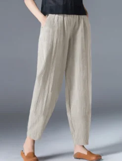 Women's Cotton Linen Pants Bloomers Baggy Pants Streetwear Simple Casual Ankle-Length Mid Waist Plain Pocket Elastic Waist Baggy Breathable Soft Outdoor Micro-elastic Outdoor Vacation Casual Daily Women Pants