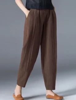 Women's Cotton Linen Pants Bloomers Baggy Pants Streetwear Simple Casual Ankle-Length Mid Waist Plain Pocket Elastic Waist Baggy Breathable Soft Outdoor Micro-elastic Outdoor Vacation Casual Daily Women Pants