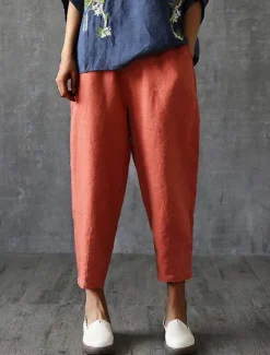 Best Women's Cotton Linen Pants Pants Trousers Baggy Pants Fashion Streetwear Full Length Mid Waist Plain Pocket Elastic Waist Baggy Breathability Soft Outdoor Micro-elastic Vacation Daily Daily Wear Women Pants