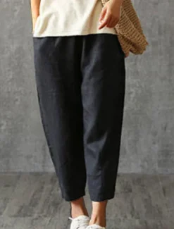 Best Women's Cotton Linen Pants Pants Trousers Baggy Pants Fashion Streetwear Full Length Mid Waist Plain Pocket Elastic Waist Baggy Breathability Soft Outdoor Micro-elastic Vacation Daily Daily Wear Women Pants