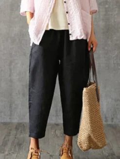 Best Women's Cotton Linen Pants Pants Trousers Baggy Pants Fashion Streetwear Full Length Mid Waist Plain Pocket Elastic Waist Baggy Breathability Soft Outdoor Micro-elastic Vacation Daily Daily Wear Women Pants